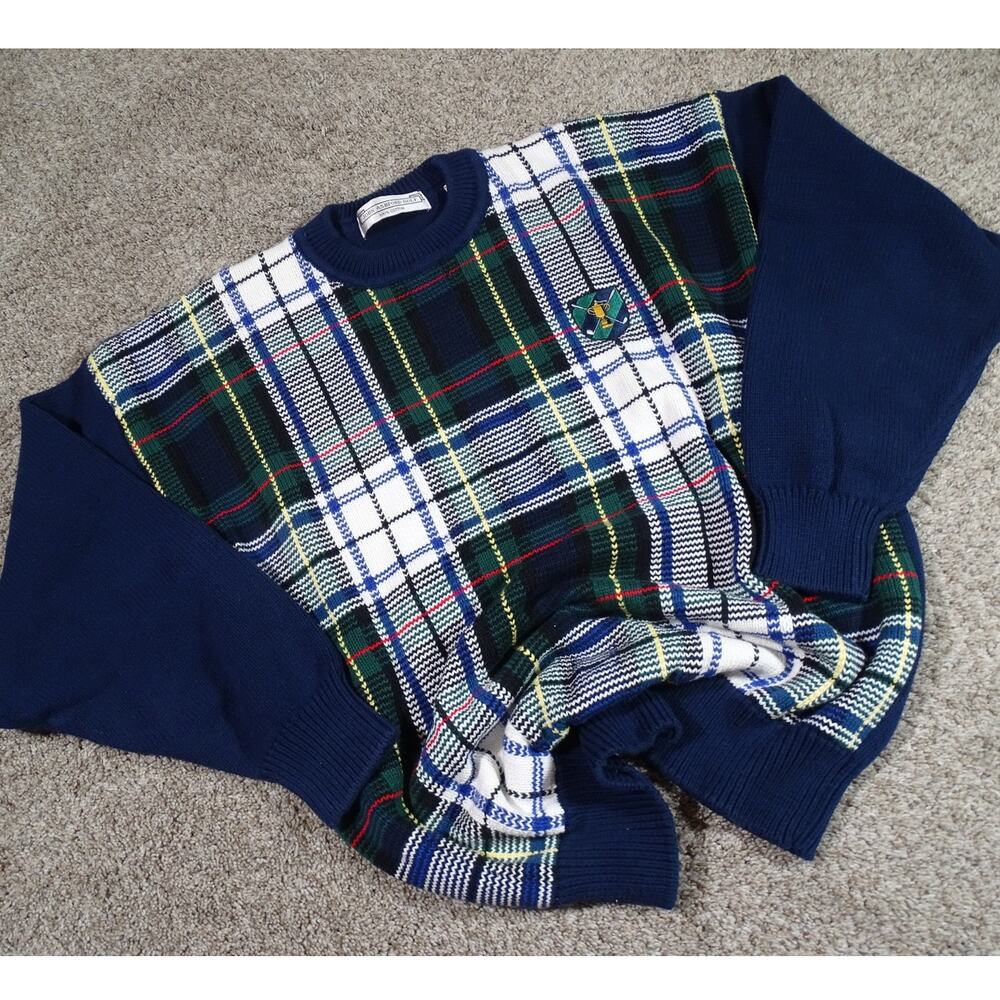 Vintage John Ashford Golf Plaid Sweater Navy Blue Crewneck Preppy Large 90s